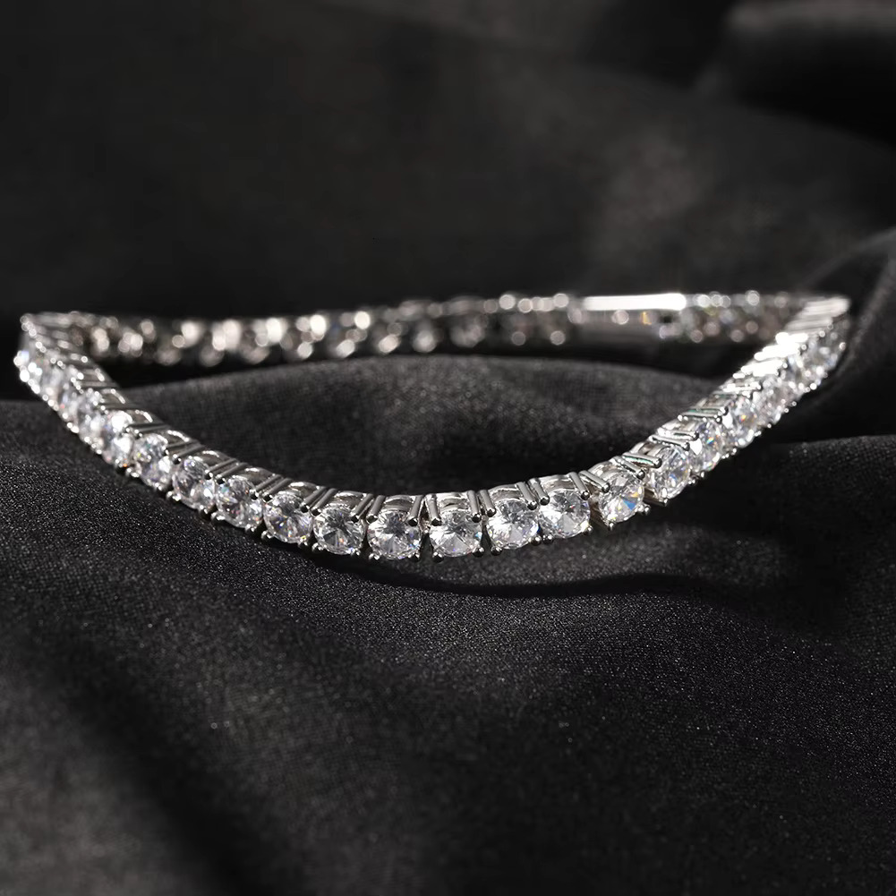 Hip Hop 3mm 4mm Round Dia Moissanite Tennis Chain Bracelet in 14k Gold Plated Iced Out Sterg Sier Necklace Jewelry