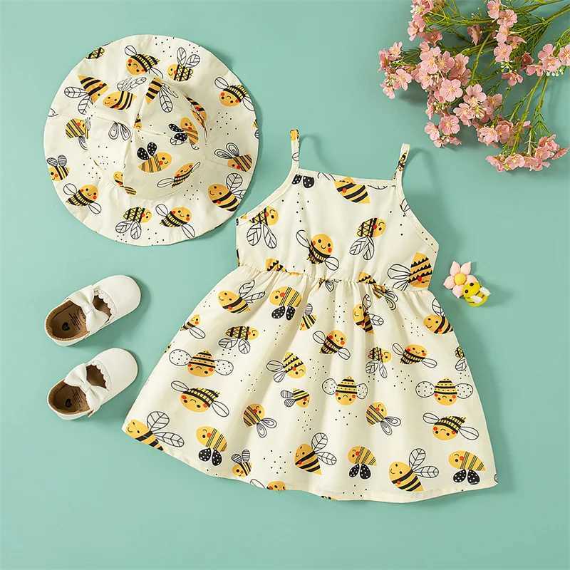 Cute bee print baby girl dress for summer beach party childrens sleeveless clothing free hats for children aged 0-3 X250220