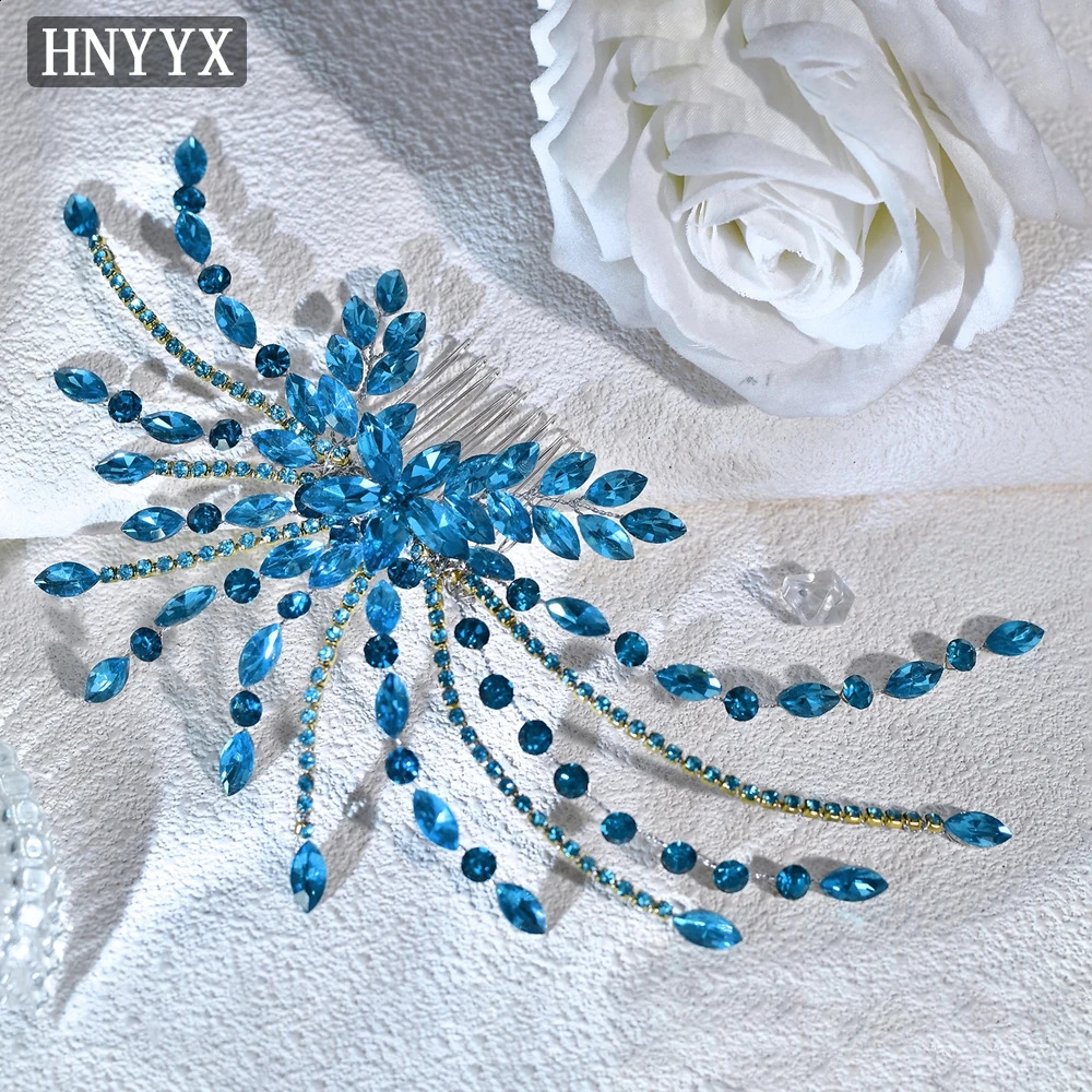 HNYYX Blue Full Rhinestone Hair Comb Elegant Womens Hair Accessories Bridal Hair Clip Wedding Bridal Headpieces A269 250221