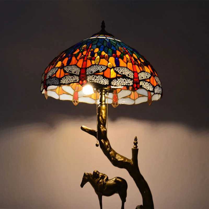 Nordic Round Stained Glass With Dragonfly Pattern Shade With Resin Tree Horse Kid Decor Shelf Bedside Eye Protection Table Lamp Z250220
