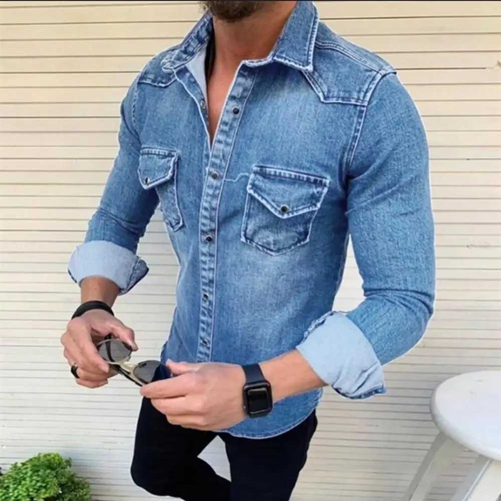 Fashion Long Sleeve Slim Fits Lapel Collar Pockets Denim Shirt Casual Mens Top denim shirts 2023 New W250220