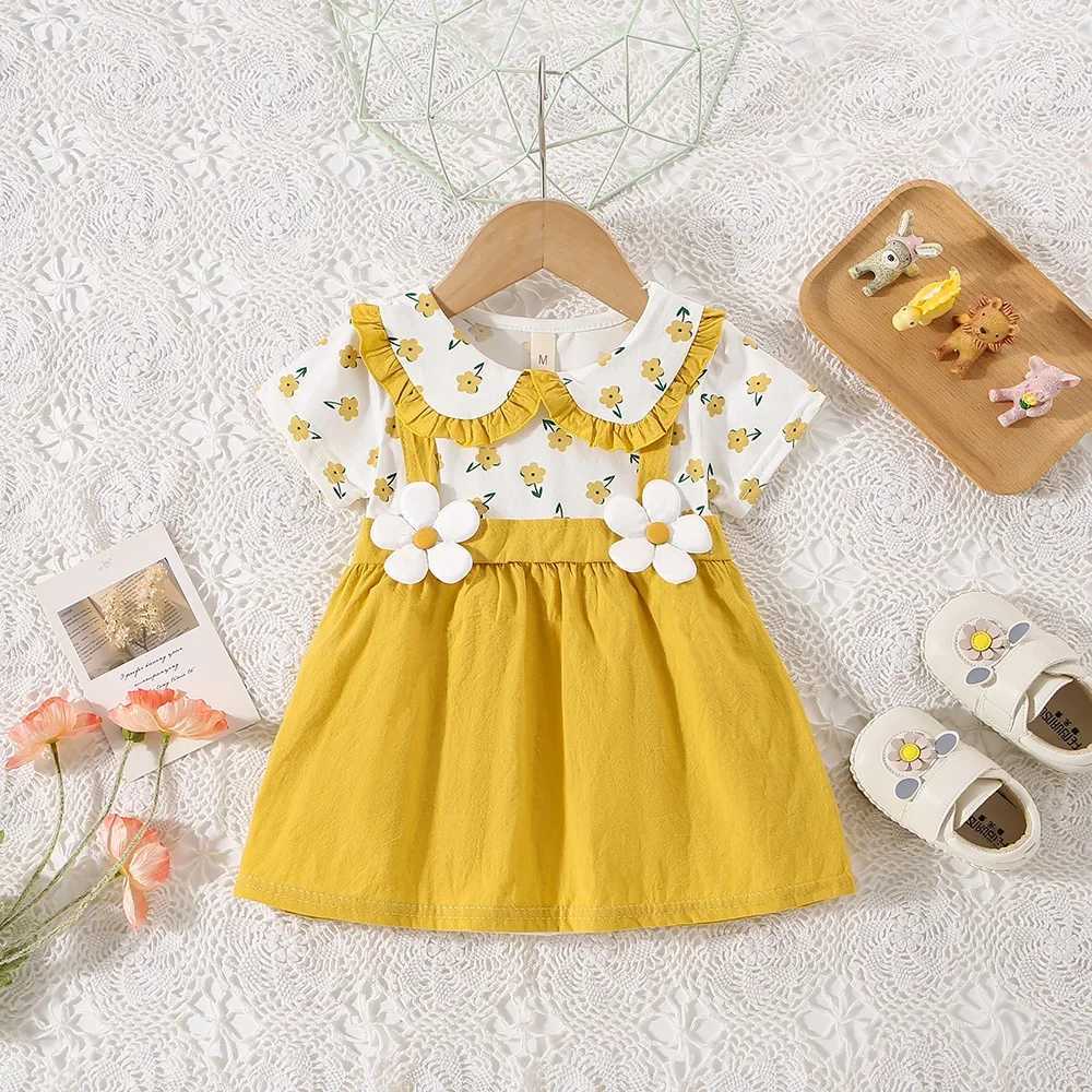 (0-3 Years Old) Summer Baby Girl Cotton Flower Fake Two-Piece Shoulder Strap Dress Girl Cute Short Sleeved Dress X250220