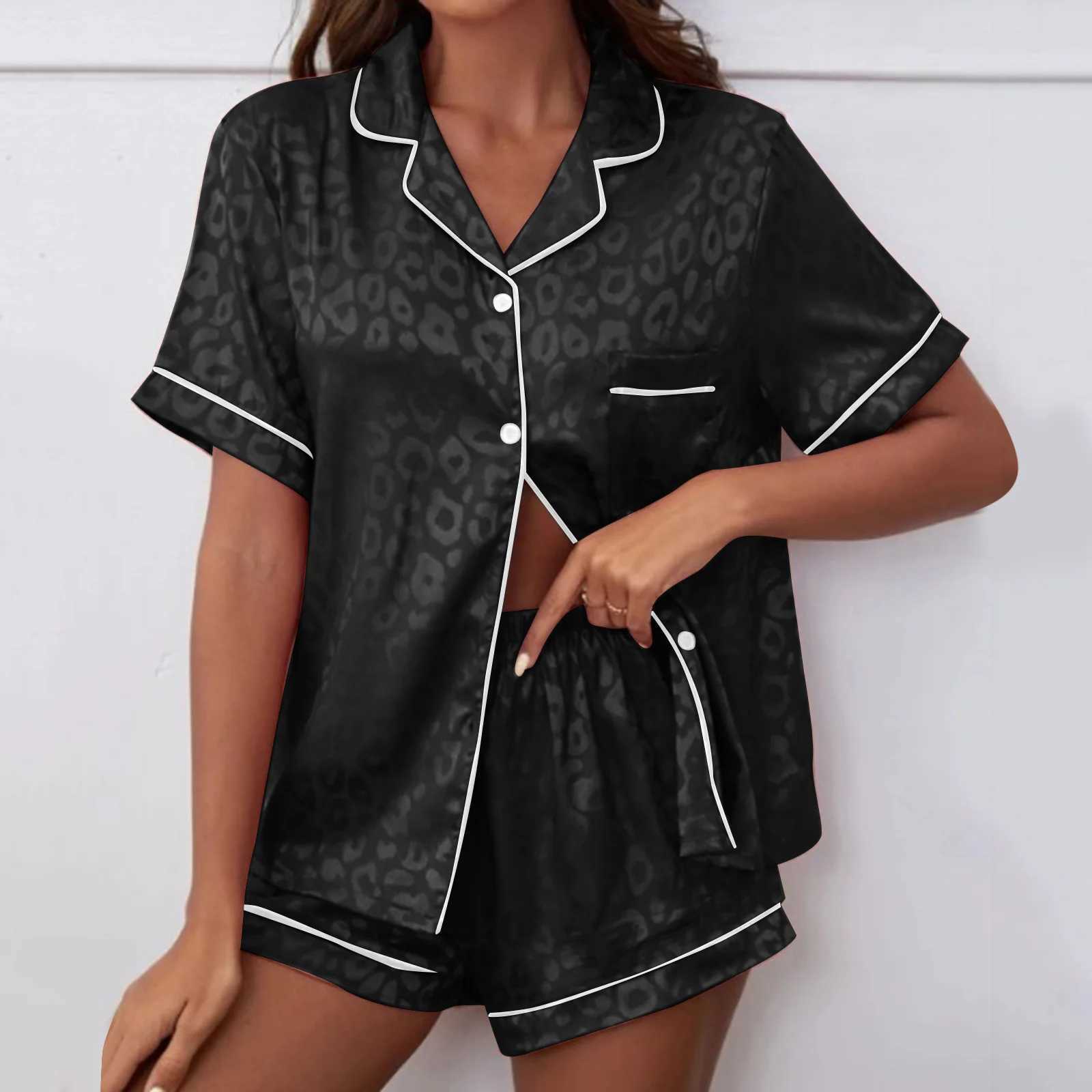 Womens Satin Printed Pajamas Sets Short Sved Lapel Silk Housewear Comfortable Girl Tops+Shorts 2 Pcs Set Size 12 Plus-sizeXJ250220