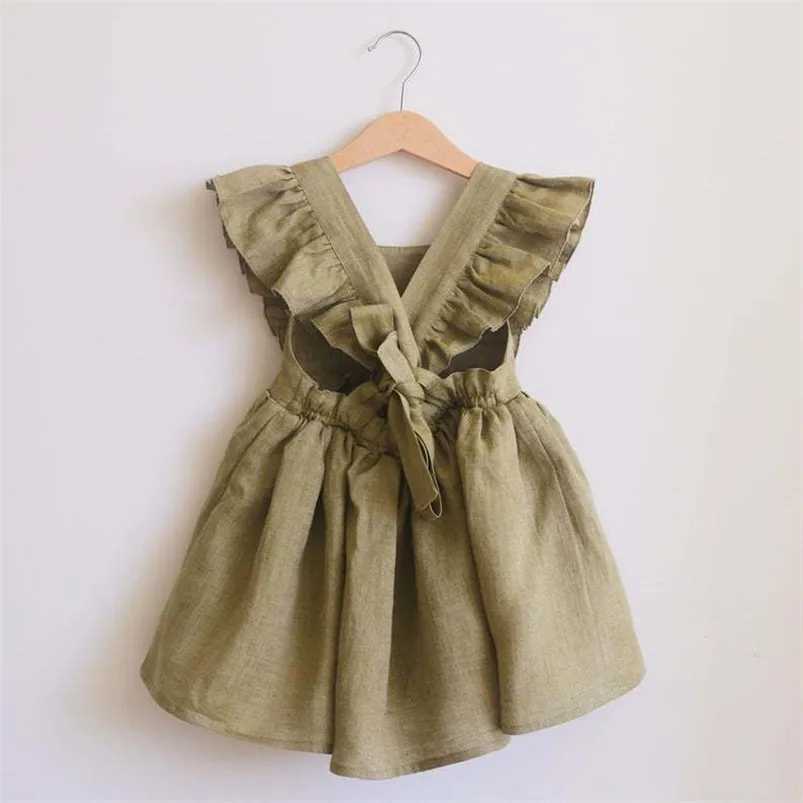 Linen Cotton Girls Strap Dress Ruffles Lace Kids Beach Dress Summer Toddler Girls Bohemian Style Clothing 0-6Yrs Dress/gown X250220