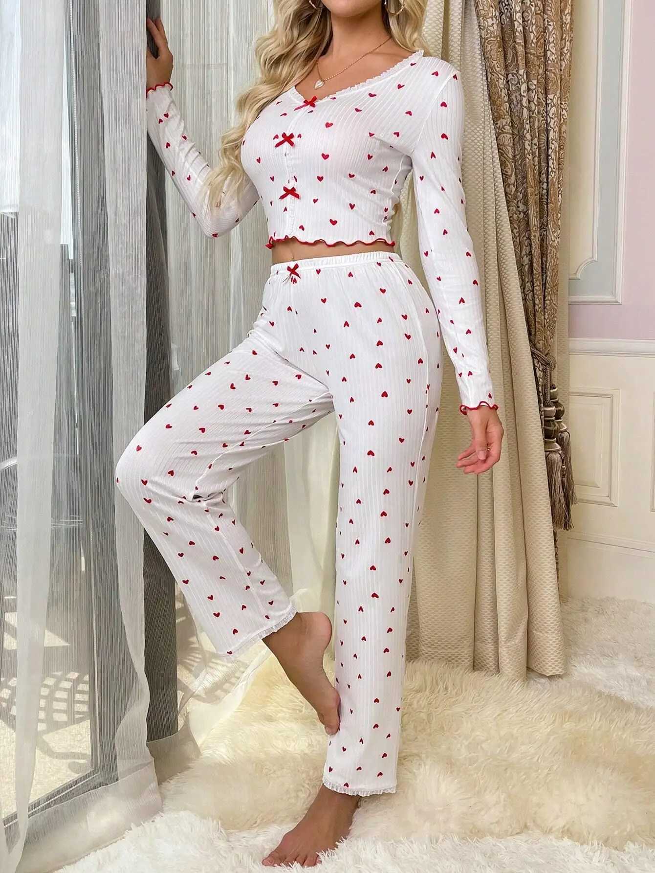 Autumn Winter Spwear Women Pajama Set Lace V-neck Bow Heart Print Long Sves Pullover Trousers Loungewear OutfitXJ250220