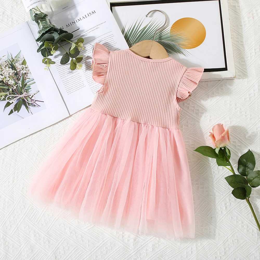 Summer 0-3Year-Old Girl Dress Baby Girl Waist Flower Embroidery Splicing Mesh Small Sleeve Princess Dress X250220