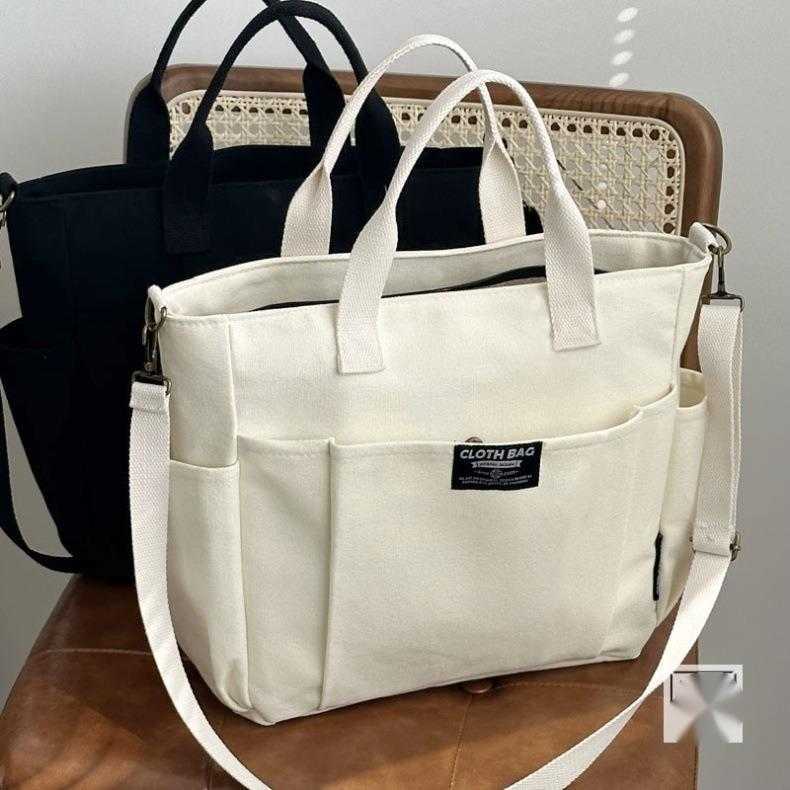 Thickened Multi Pocket Tote Canvas Bag Casual Classmate Simple Portable One Shoulder Crossbody Schoolbag Purses Handbags 241225