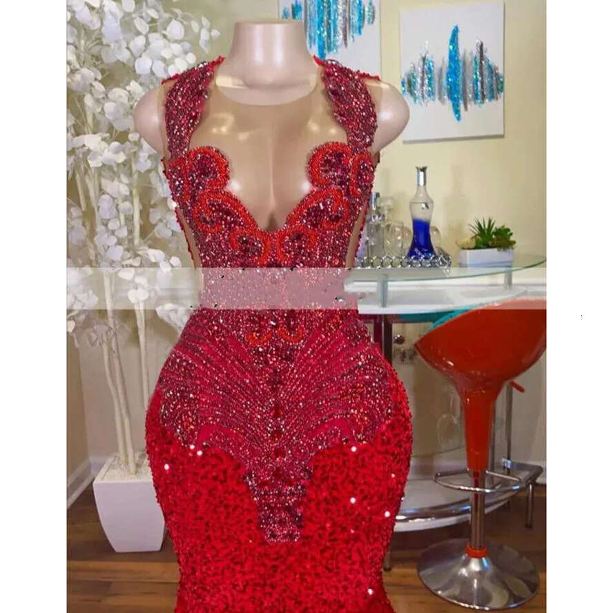 Red Long Mermaid Dresses 2024 Black Girls Sheer Crew Neck Dias Style Sparkly Rhies Crystals Sequined Prom Party Formal Evening Gowns Bc18507 0618