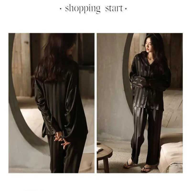 Spwear Ladies Spring and Summer Ice Silk Girls Homewear Long-Sved Trousers Silation Silk Green Striped Pajamas SetXJ250220