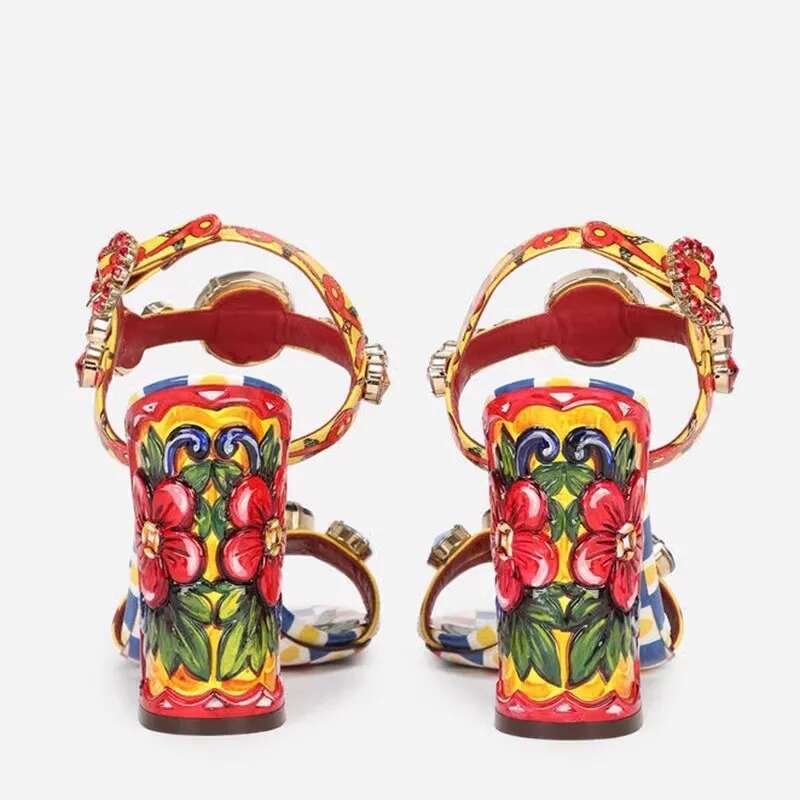 Bohemian Rhie Jewel Women Sandals 3D Printed Thick High Heel Open Toe Buckle Strap Brand Party Shoes 250225