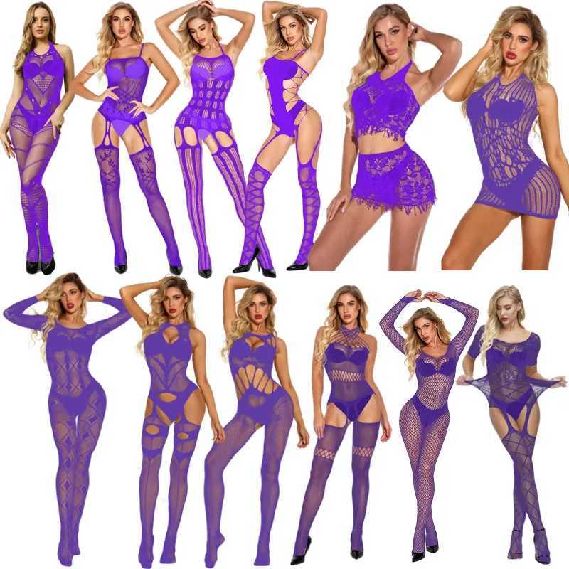 Sexy Mesh Fishnet Purple Bodystockings sex for Women Erotic Lingerie Sexy Open Crotch Teddies Bodysuits Female Sexy Dress NewXJ250220