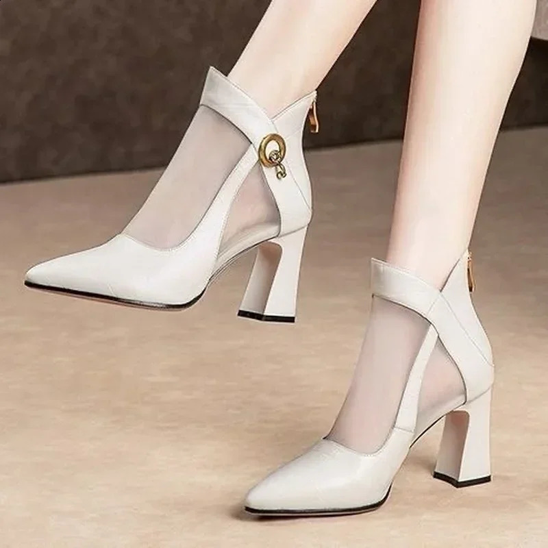 Ladies Crystal Lace Zipper Mesh High Heels 2024 Womens Shoes Classic Solid Color Sandals Party 250218