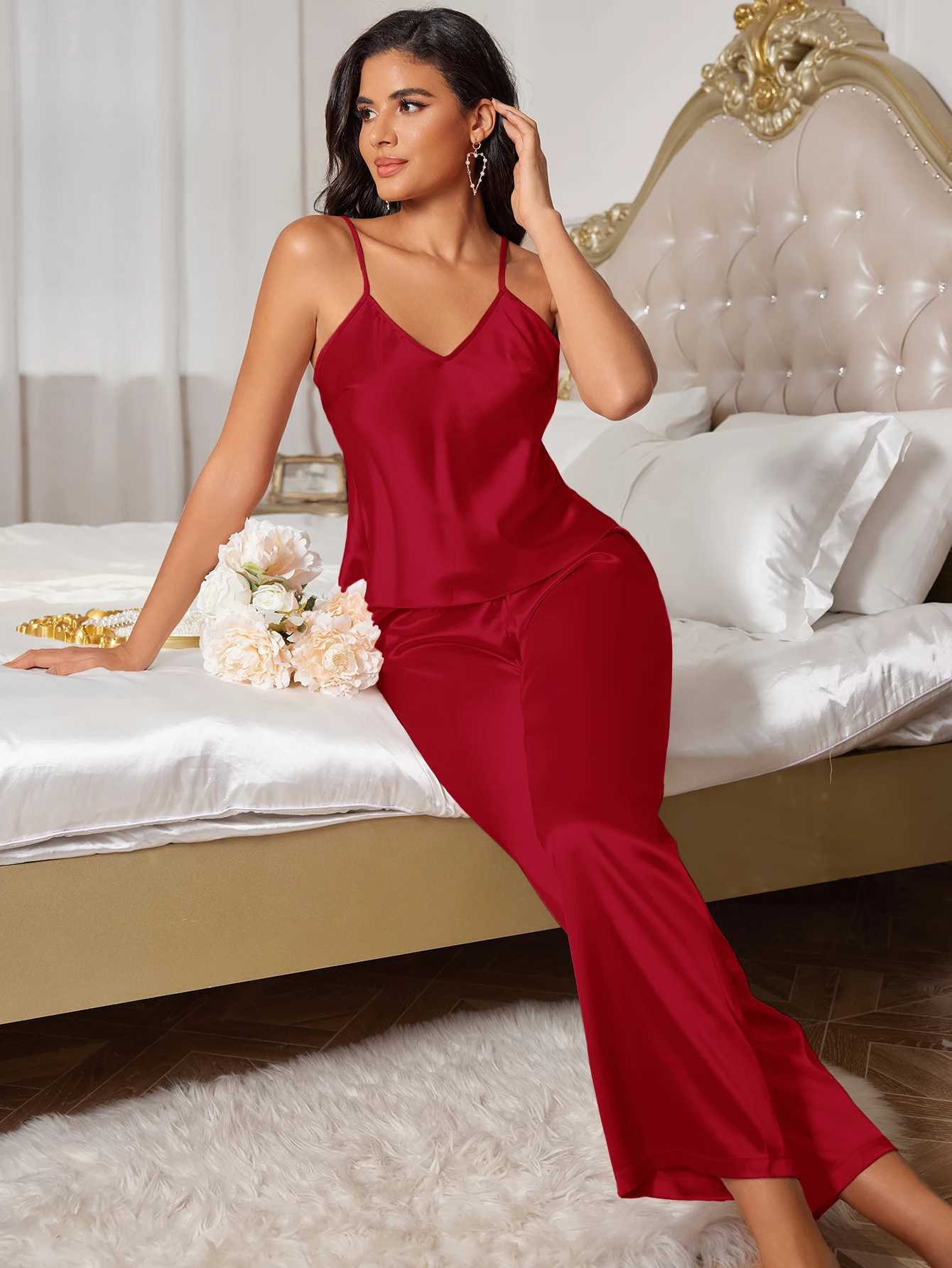 Fall new womens silk pajama set halter top and pants sexy comfortable two piece pajama setXJ250220