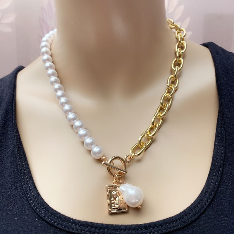 Vintage New Copper Snake Chain Baroque Pearl Portrait Square Plaque Single Layer Necklace Set