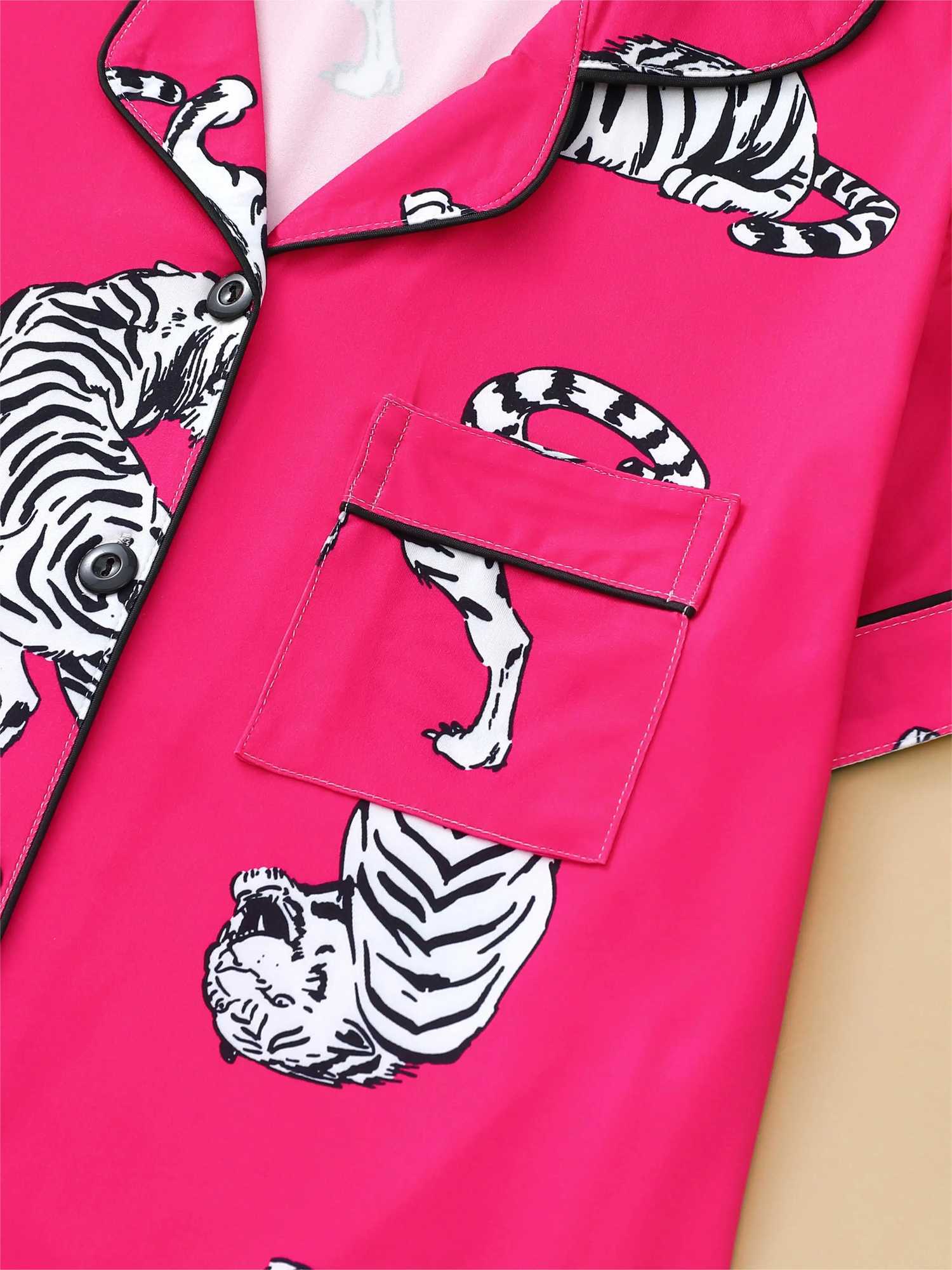 Two-piece set of womens pajamas lapel top and trousers Tiger summer casual warm womens pajamas home wearXJ250220