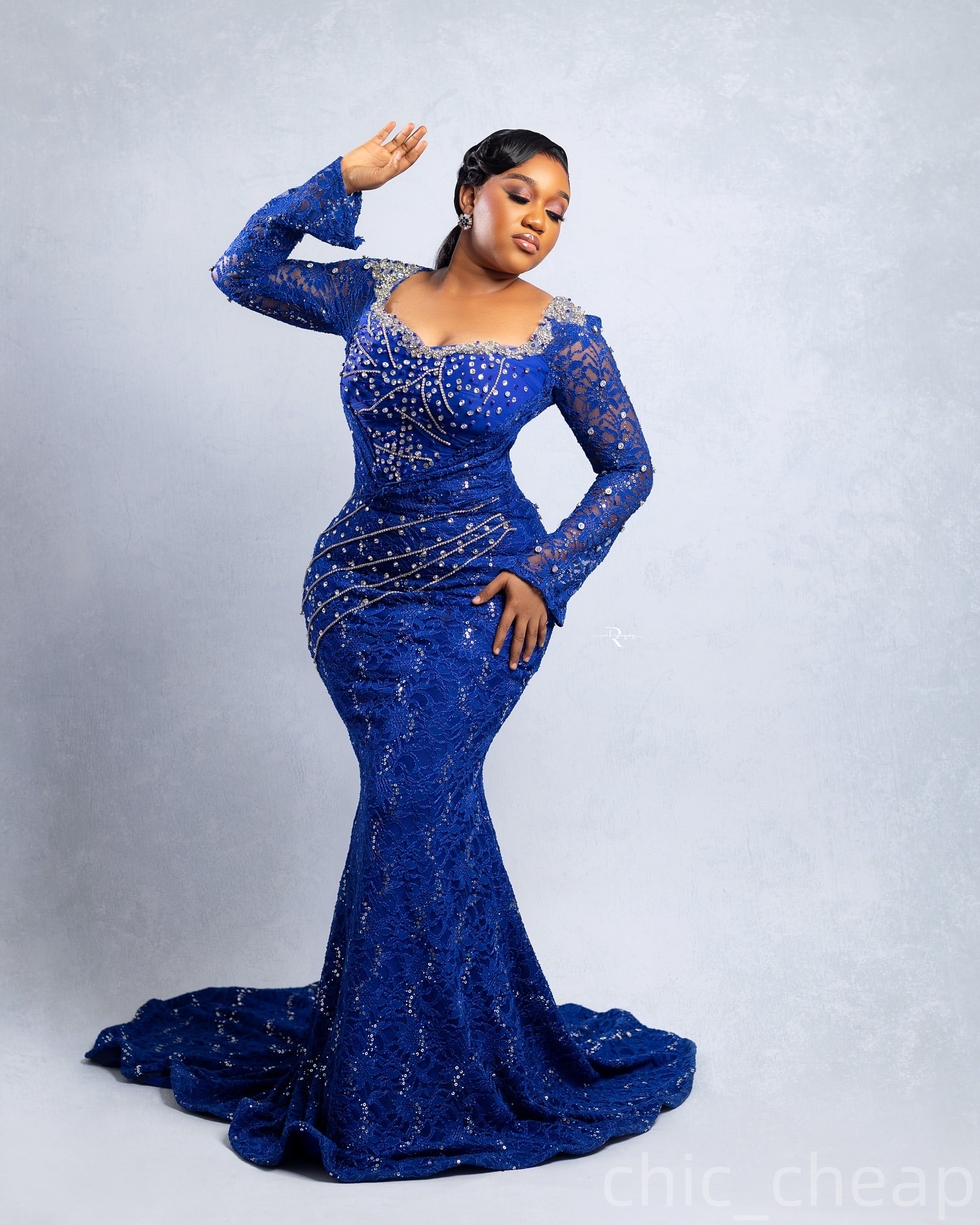 Royal Blue Mermaid Prom Dresses 2025 Lace Beaded Crystals Full Sleeves Evening Formal Party Second Birthday Engagement Gowns Plus Size Dress For Speci