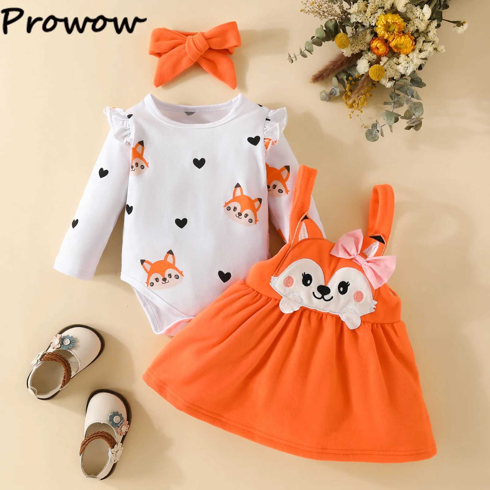 Prowow Cute Fox Baby Dress 3-Piece Heart Printed jumpsuit+Hanging Fox Dress Suitable for Girls Autumn/Winter Newborn Baby Clothing X250220