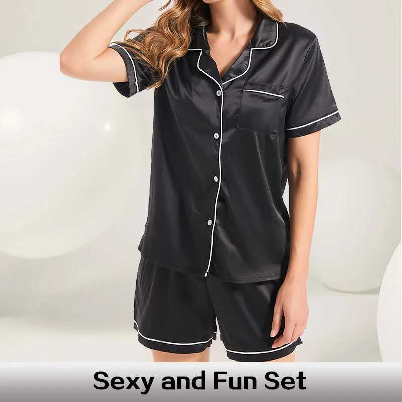 Summer New Fashion Solid Color Satin Pajama Set Womens Flip Tie Button Shirt Top and Elastic Shorts Pajama SetXJ250220