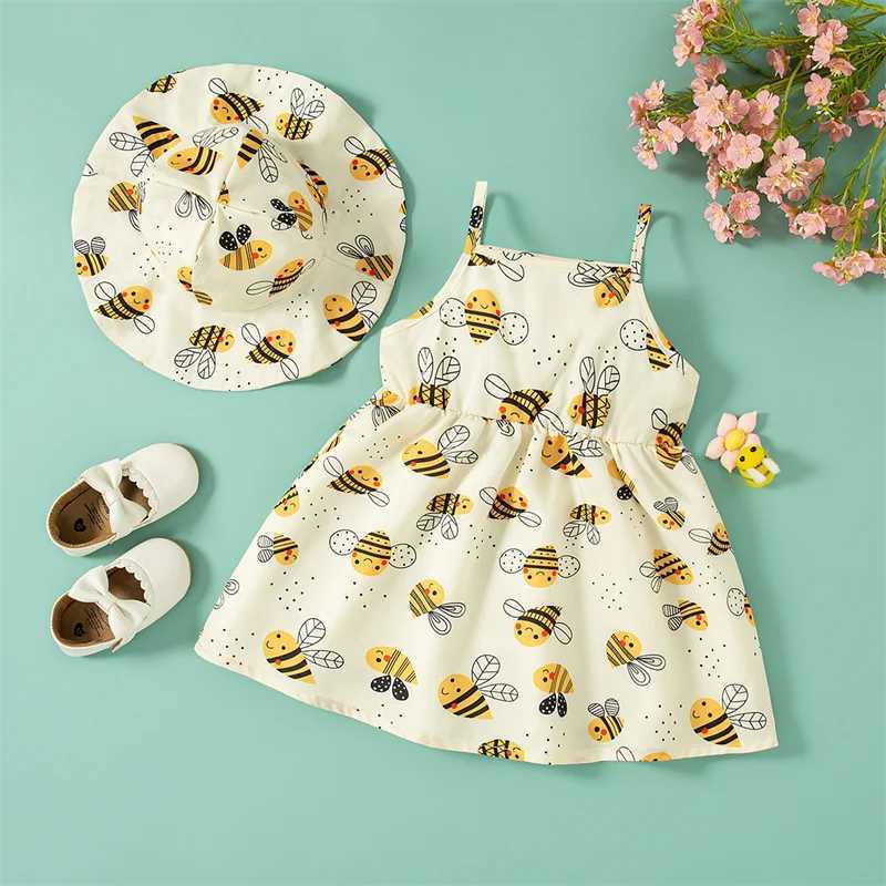 Cute bee print baby girl dress for summer beach party childrens sleeveless clothing free hats for children aged 0-3 X250220