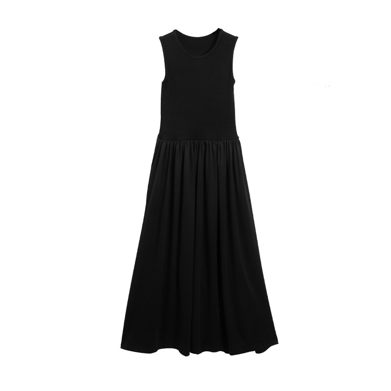 CW640 waist 2025 black Hepburn style long skirt sleeveless vest short sleeve skirt cotton high-end summer dress