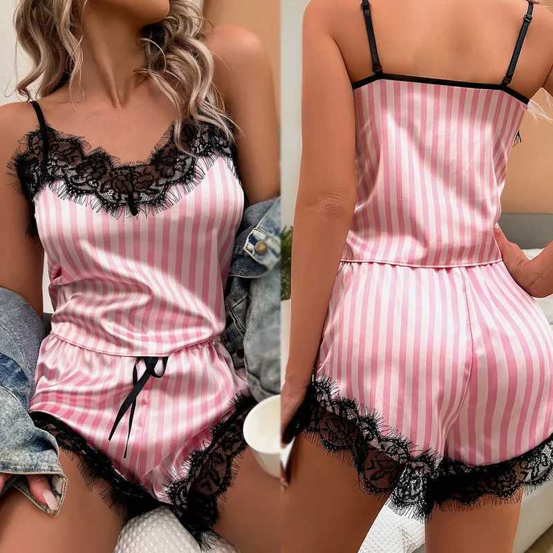 New Lace Sexy Women Pajama Suit Fashion V-Neck Stretch Satin Lace Sexy Lingerie Bowknot Pyjamas Sp Shorts Set Spwear 2PCSXJ250220
