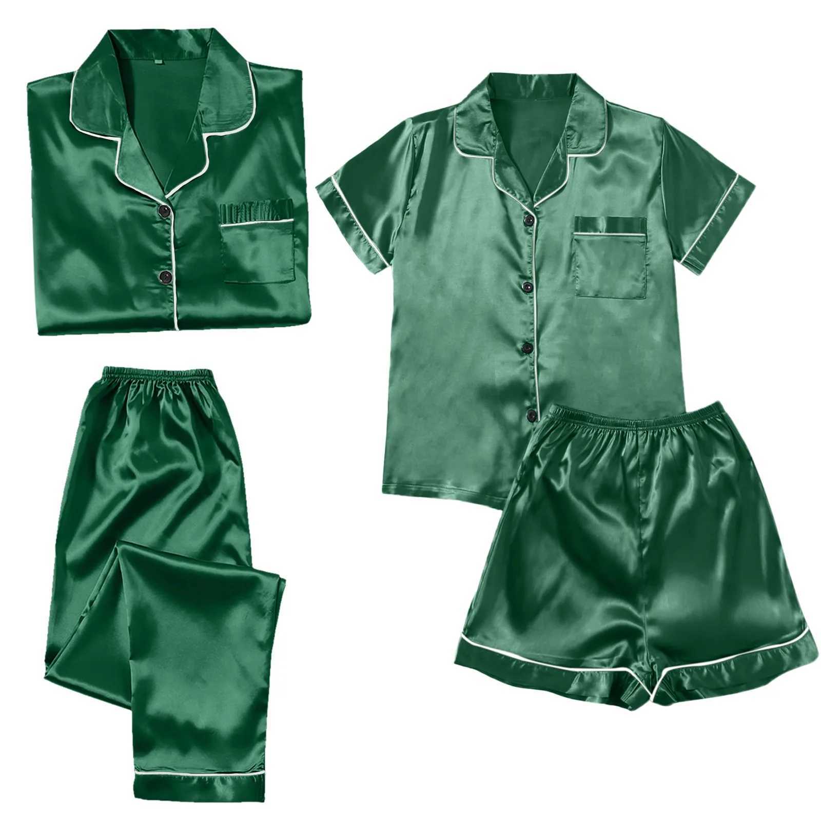 4PCS Womens Blue Pajamas Sets Silk Satin Top Pant Long sve Solid Button-Down Pyjamas Satin Set Nightgown Ladies SpwearXJ250220
