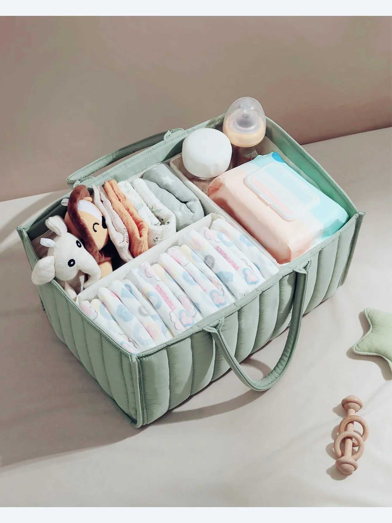 Light green baby nappy storage bag Multi-functional nappy bag large capacity foldable mummy bag bottle nappy storage X250220
