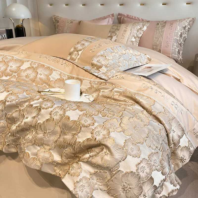 Jacquard Bedding Set Golden Relief Embroidery Polyester/Cotton Duvet Cover Bed Sheet Pillowcases Mattress CoverXJ250220