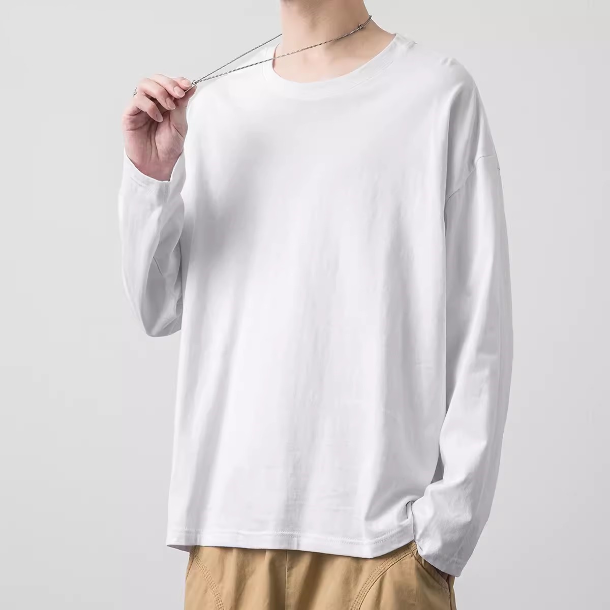 AL02211 Cotton long-sleeved bottoming shirt men's T-shirt solid color autumn loose sweatshirt white