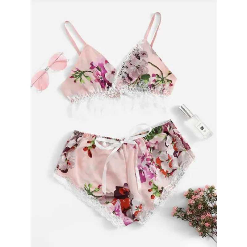 2Pcs/set fancy ladies lingerie erotic plus size suspenders shorts dent sveless short-sved pajamas set womens clothingXJ250220