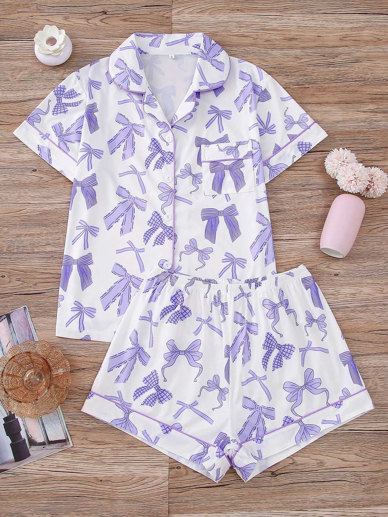 Bow print can be worn on womens spwear lapel button short sves and loose elastic shorts womens home wearXJ250220
