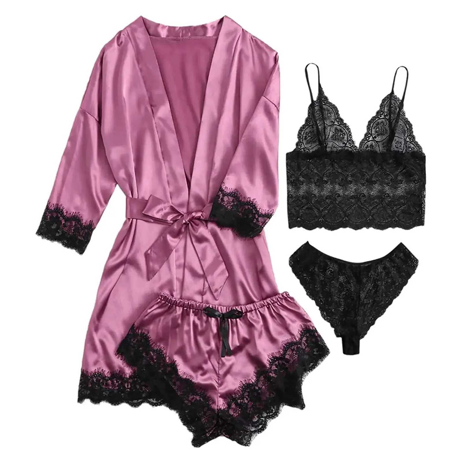 Womens Summer Sexy Pajama Pants Set 4 Pieces Lace Satin With Silk Spwear Robe Fashion And Comfortable NightwearXJ250220