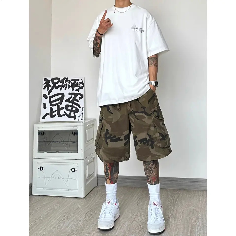 summer mens shorts retro loose large pockets camouflage work shorts Bermuda hip-hop street casual shorts Mens clothing 250220
