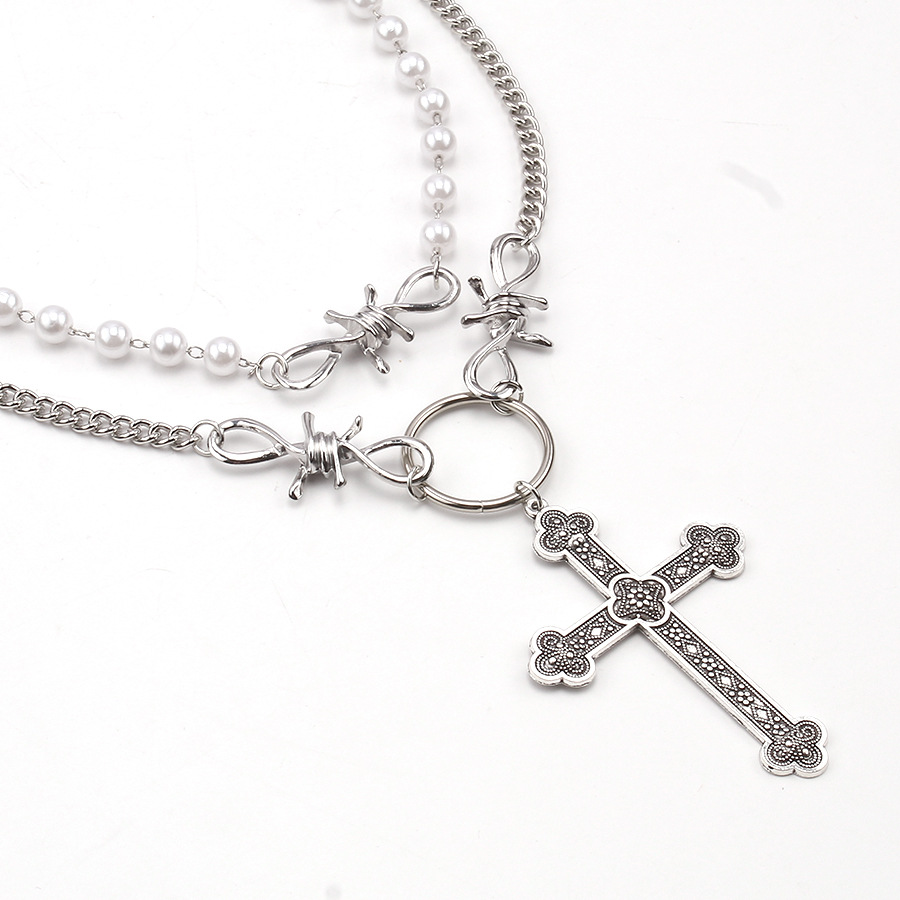 Personalized Pearl Cross Pendant Necklace ins Hip Hop Punk Double Layers Sweet Cool Necklaces