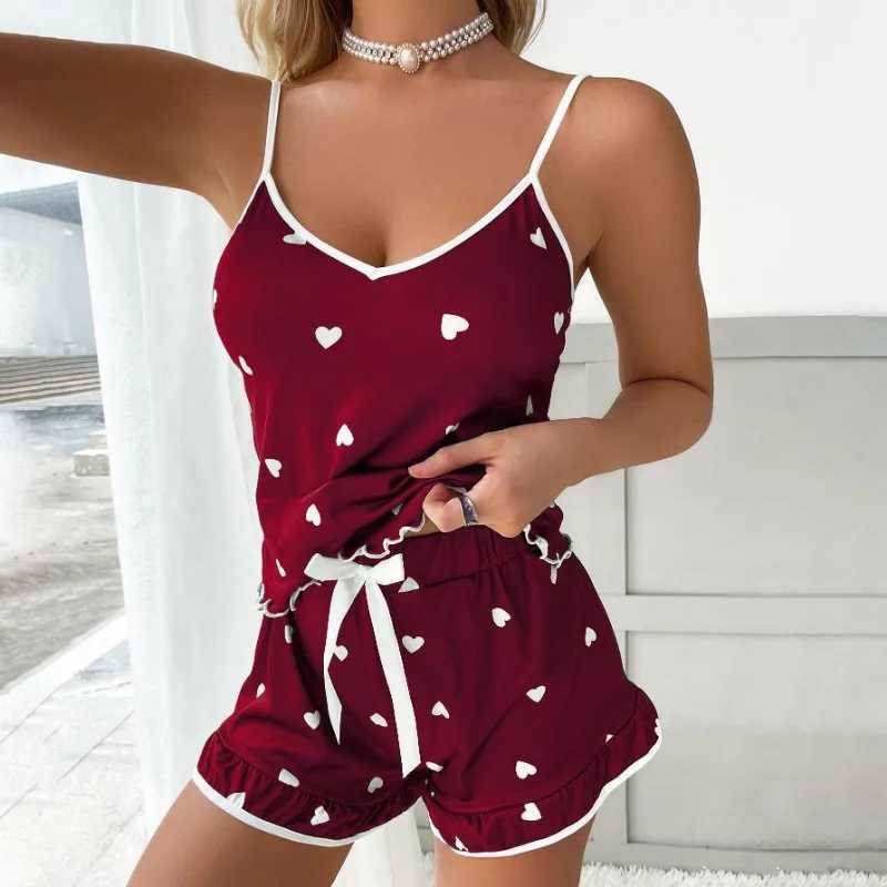 2Pcs/set plus size sveless pyjamas ice silk summer camisolege dents homewear printed tops shorts ladies pyjamas younXJ250220