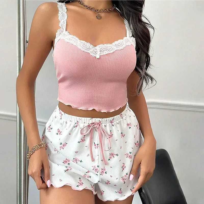 Women 2psc Pajama Set Pink Lace Patchwork V-Neck Spwear Sexy Nighties Suit Cami Top Printed Shorts Soft Pyjamas LoungewearXJ250220