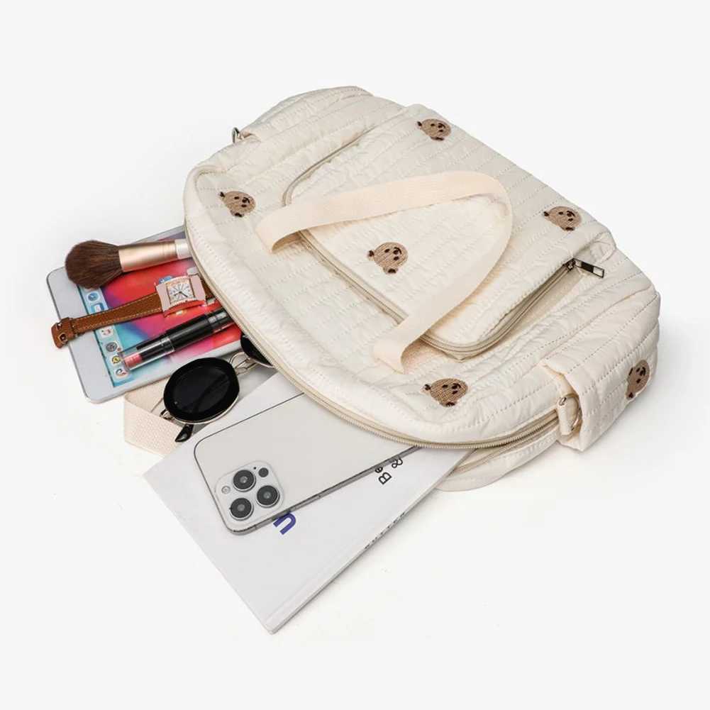 Bear/Flower Quilted Baby Nappy Bag Multifunctional Utility Tote Bag Cotton Travel Diaper Tote Adjustable Strap Diaper Handbag X250220