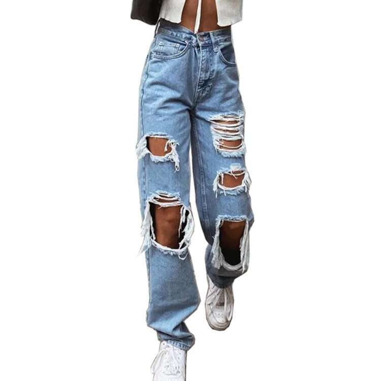 Ripped Vintage Woman's Jeans Distressed Streetwear Hole Hip Hop High Waist Pants Fashion Straight Denim Trousers Summer Jean
