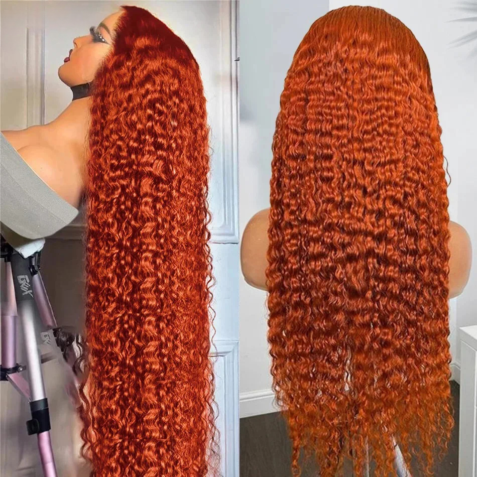 Free shipping 250 Density Brazilian Orange Ginger Colored Curly 13x4 13x6 Hd Lace Front SilationHuman Hair Wig 30 40 Inch Deep Wave Frontal Wigs For W