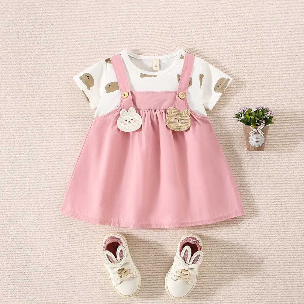 Summer womens cotton teddy bear printed short sleeved dress womens fake two-piece dress with cute dress X250220