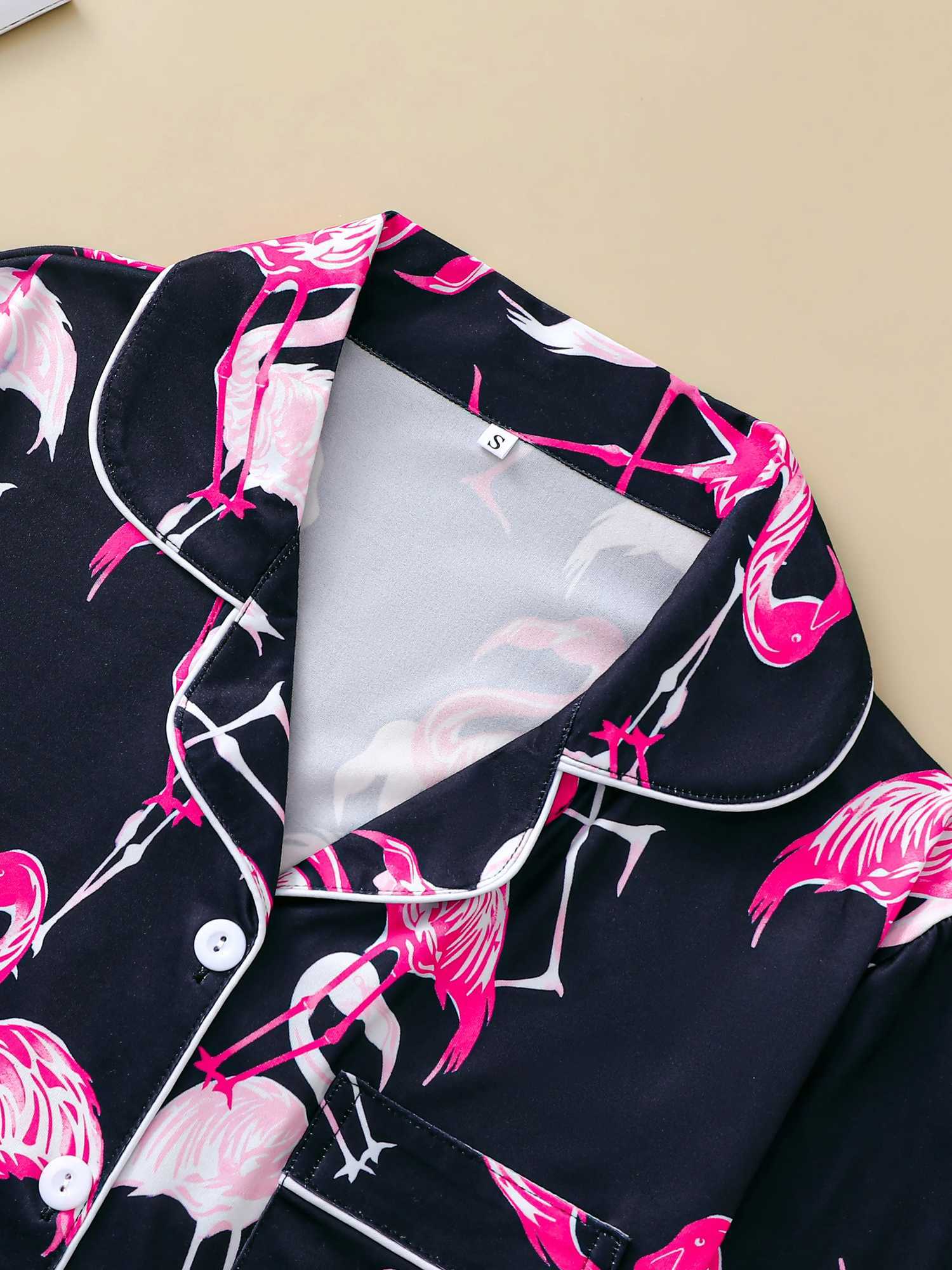 Two-piece set of womens pajamas lapel top and trousers Flamingo summer casual womens pajamas home wearXJ250220