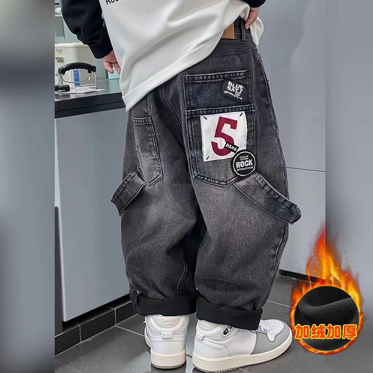Cool and smooth boys winter street jeans wool lining childrens thick Corduroy denim pants street clothing childrens fashionable hot pants Z250220