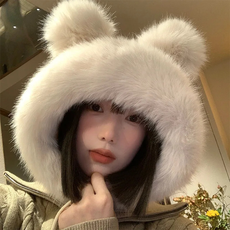 RICYGVM Womens Fluffy Fur Eartips Winter Plush Fishermans Hat Windproof Warm Head Gear Cute Bear Girl 250210