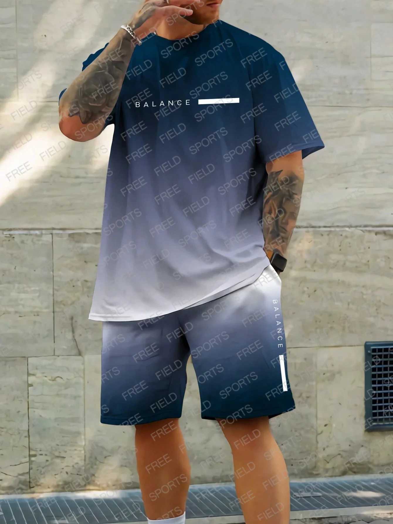 Manfinity LEGND Men Summer Ombre Letter Printed Round Neck Short Sleeve Casual T-Shirt And Drawstring Waist Shorts Outfits Suits W250221