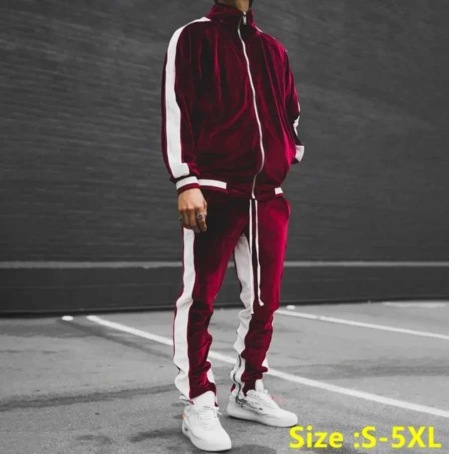 High Quality New Spring Autumn Mens Velvet Sets Sports Suit Stand Collar Zipper Sweatshirt + Pants 2Pcs Sets Velour Tracksuits For Men T250221