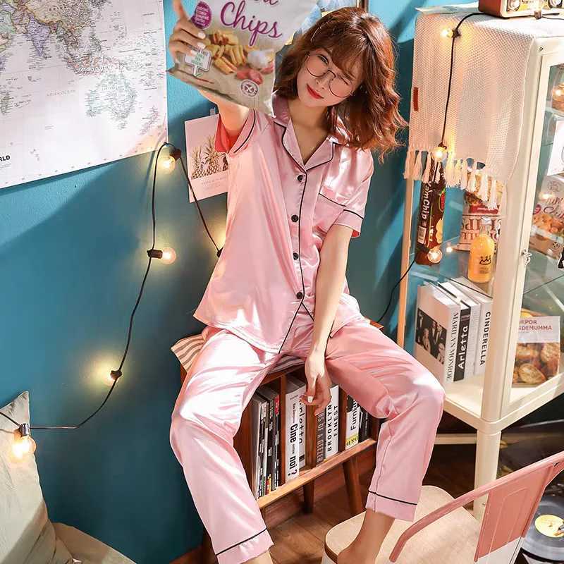 Womens Ice Silk Pajamas Two-Piece Fe Summer Short-Sved Trousers Thin Section Of Silation Silk Pajamas Homewear SuitXJ250220