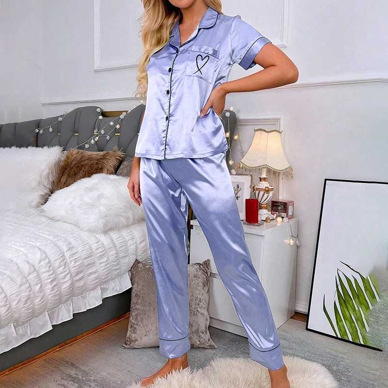 Luxurious Satin Pajama For Women 2 Piece Pjs Set Pocket Heart Embroider Spwear Autumn Long Sve Tops Pants Pyjama FeXJ250220