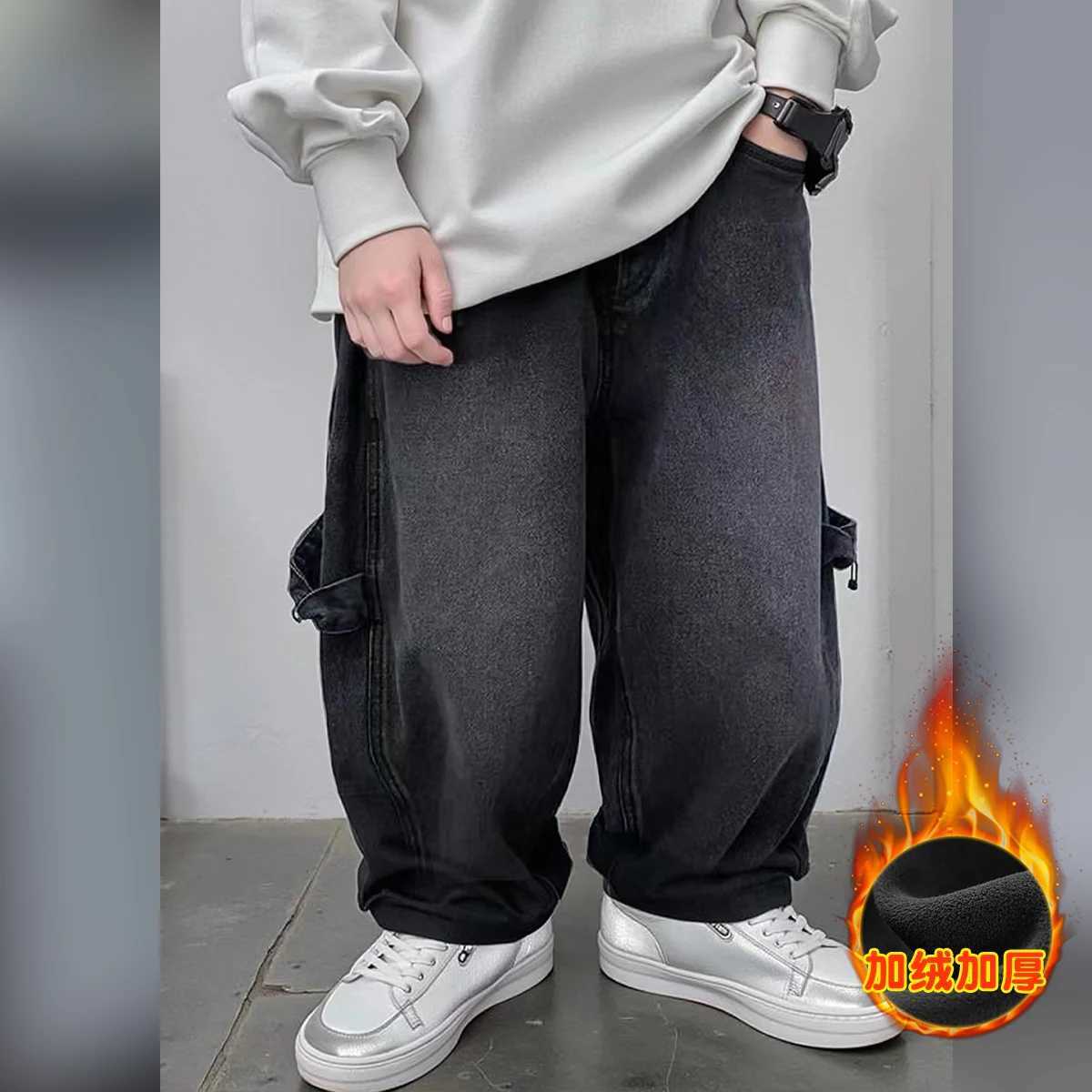 Cool and smooth boys winter street jeans wool lining childrens thick Corduroy denim pants street clothing childrens fashionable hot pants Z250220