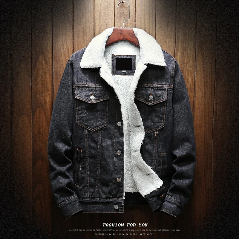 Plush long sleeved denim jacket mens winter cotton wool Korean fashion style thick 250212