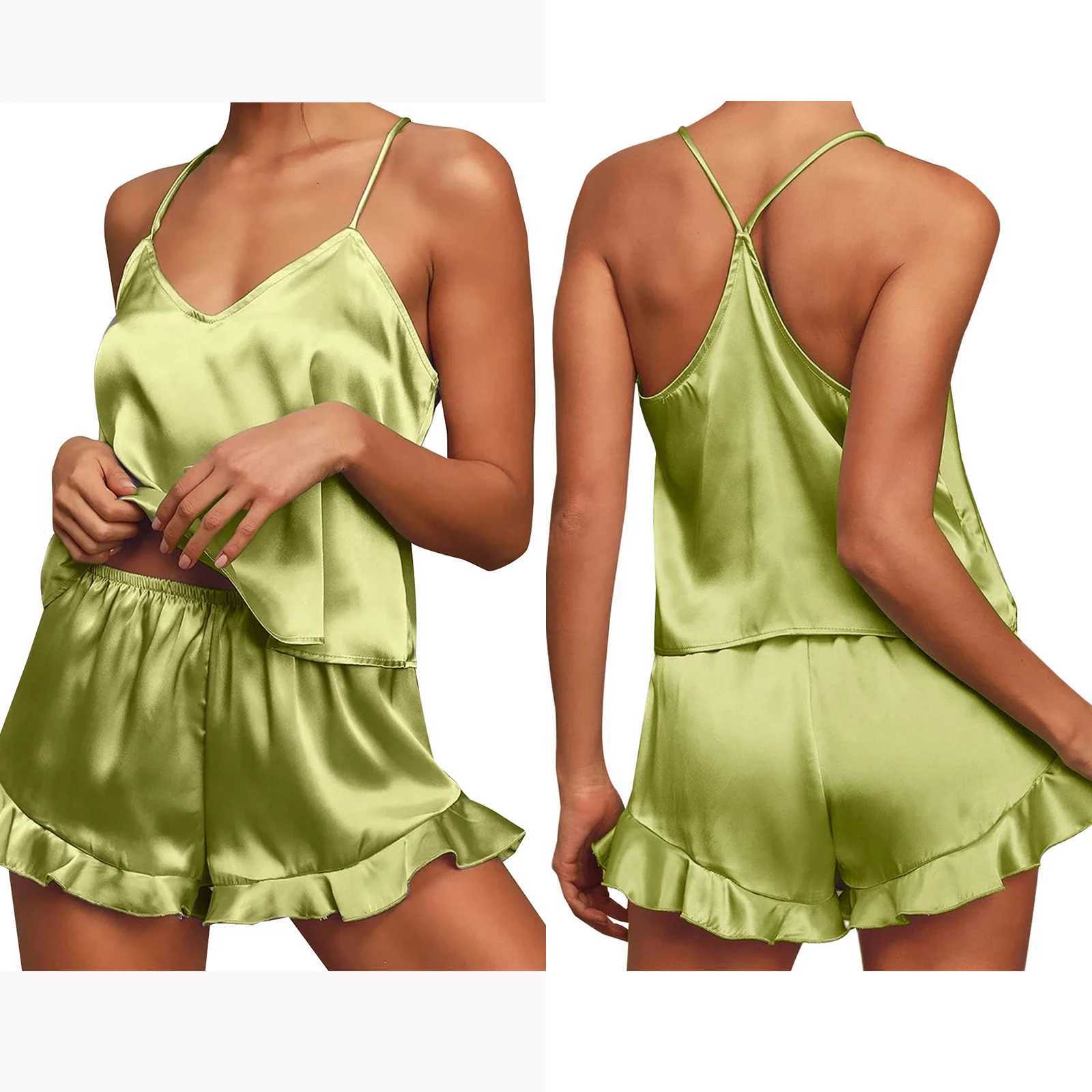 Summer Sexy Pajamas Two-Piece Set for Women Solid Camisole Top Ruffled Shorts Spwear Suit Home Wear Lingerie NightwearXJ250220